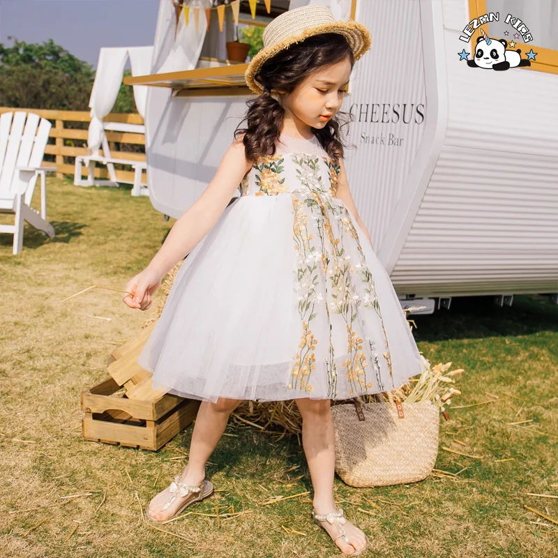 LEZONKIDS - Kids Clothing Wholesale Summer Dress Girl Flower Embroidery Tulle Dresses for Kids Girls